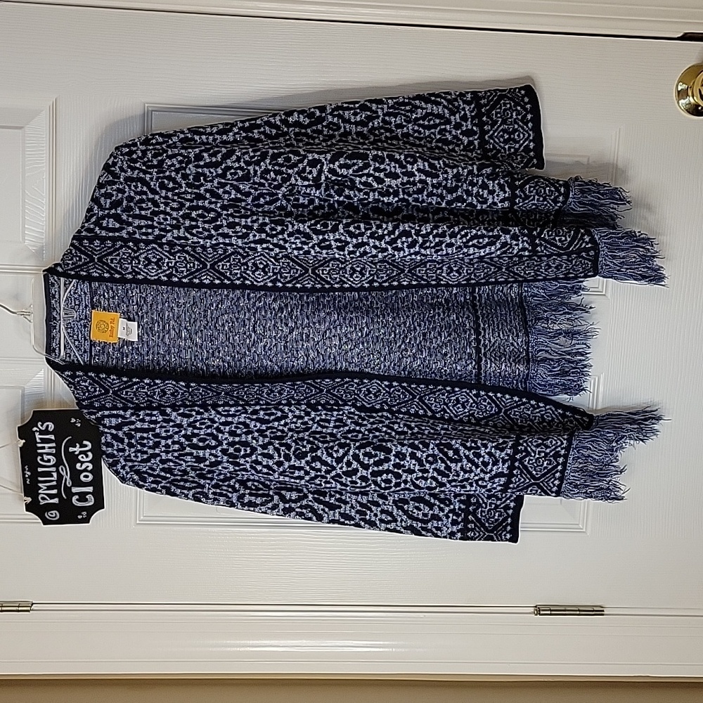 Ruby Rd. Medium Cardigan Knit Sweater Navy Gray Silver Blue Fringe Animal Print